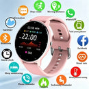 Funções do smartwatch: contagem de passos, distância percorrida, calorias, monitor cardíaco, pressão arterial, monitoramento do sono, despertador, lembrete de sedentarismo, Bluetooth e notificações de chamadas e mensagens